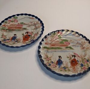 Antique/ Vintage Japanese Geisha Plates Scalloped Cobalt & Gold Edge Set Of 2